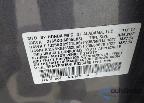 2015 Honda Pilot Ex-L z USA, uszkodzony, nr VIN 5FNYF4H64FB035460